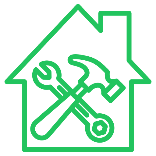 Icono casa con herramientas cruzadas dentro
